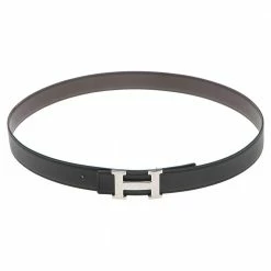 Hermes Black/Chocolate Swift And Epsom Leather Reversible H Buckle Belt 100CM For Men