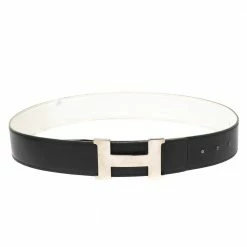 Hermes Black/White Epsom And Box Leather Palladium Hardware Constance Reversible Belt 90CM For Men