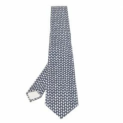 Hermes White & Navy Blue Chain Link Printed Silk Tie For Men