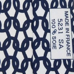 Hermes White & Navy Blue Chain Link Printed Silk Tie For Men -Deals Hermes Store luxury men hermes used accessories p577656 003