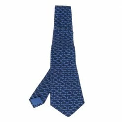 Hermes Navy Blue Fish Printed Silk Tie For Men
