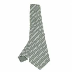 Hermes Green Diagonal Striped Horsebit Printed Silk Tie For Men