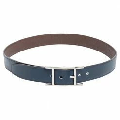 Hermes Chocolat/Bleu De Presse Box And Togo Leather Quentin H Reversible Belt 85CM For Men