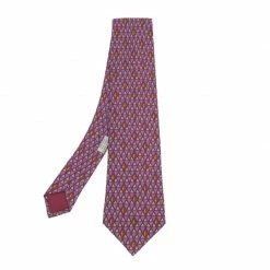 Hermes Magenta Grapes & Barrel Printed Silk Tie For Men