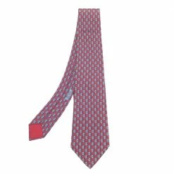 Hermes Dark Pink Padlocks Printed Silk Tie For Men