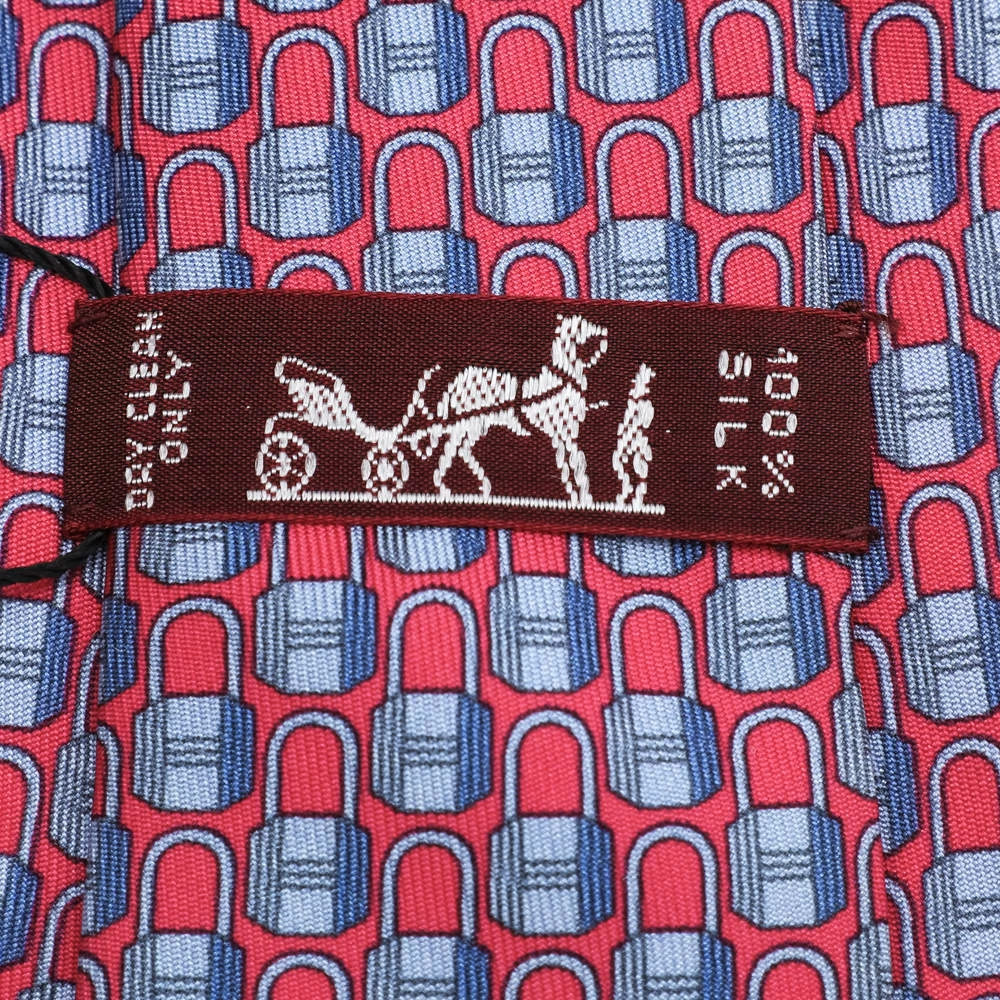 Hermes Dark Pink Padlocks Printed Silk Tie For Men 6 Hermes Dark Pink Padlocks Printed Silk Tie For Men - Image 4