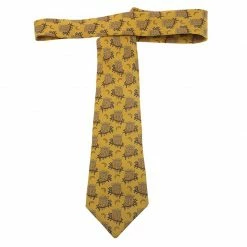 Hermes Yellow Owl And Moon Printed Silk Tie For Men -Deals Hermes Store luxury men hermes used accessories p59479 003