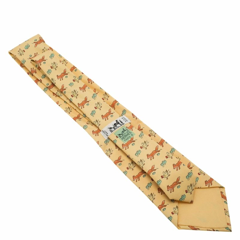 Hermes Yellow Fox And Chicken Print Silk Tie For Men 6 Hermes Yellow Fox And Chicken Print Silk Tie For Men - Image 4