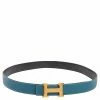 Hermes Black/Bleu Jean Togo And Chamonix H Buckle Reversible Belt 105CM For Men
