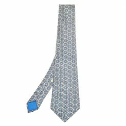 Hermes Blue Floral Printed Silk Tie For Men