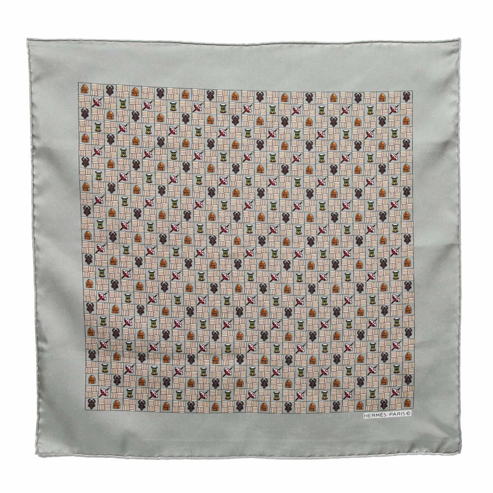 Hermes Grey Printed Silk Pocket Square For Men 3 Hermes Grey Printed Silk Pocket Square For Men