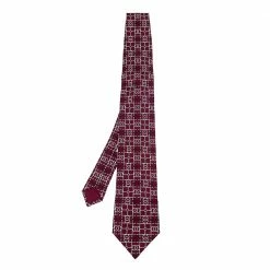 Hermes Burgundy Interlocking H Printed Silk Tie For Men