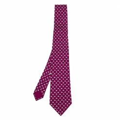 Hermes Magenta Rabbit & Seal Printed Silk Tie For Men