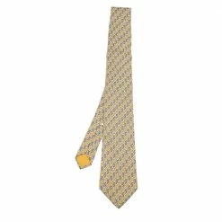 Hermes Yellow Interlocking Horseshoe Printed Silk Tie For Men