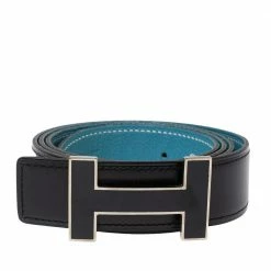 Hermes Black/Blue Jean Box And Togo Leather Quizz Reversible Buckle Belt 100CM For Men -Deals Hermes Store luxury men hermes used accessories p616944 001
