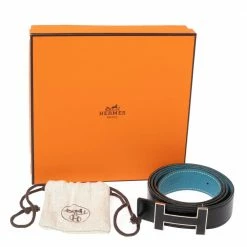 Hermes Black/Blue Jean Box And Togo Leather Quizz Reversible Buckle Belt 100CM For Men -Deals Hermes Store luxury men hermes used accessories p616944 003