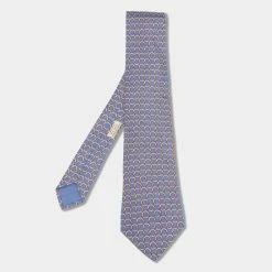 Hermes Blue Interlock Patterned Silk Traditional Tie For Men