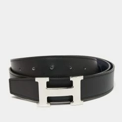 Hermes Black/Bleu Nuit Chamonix And Togo Leather Hammered Finish H Buckle Reversible Belt 100CM For Men