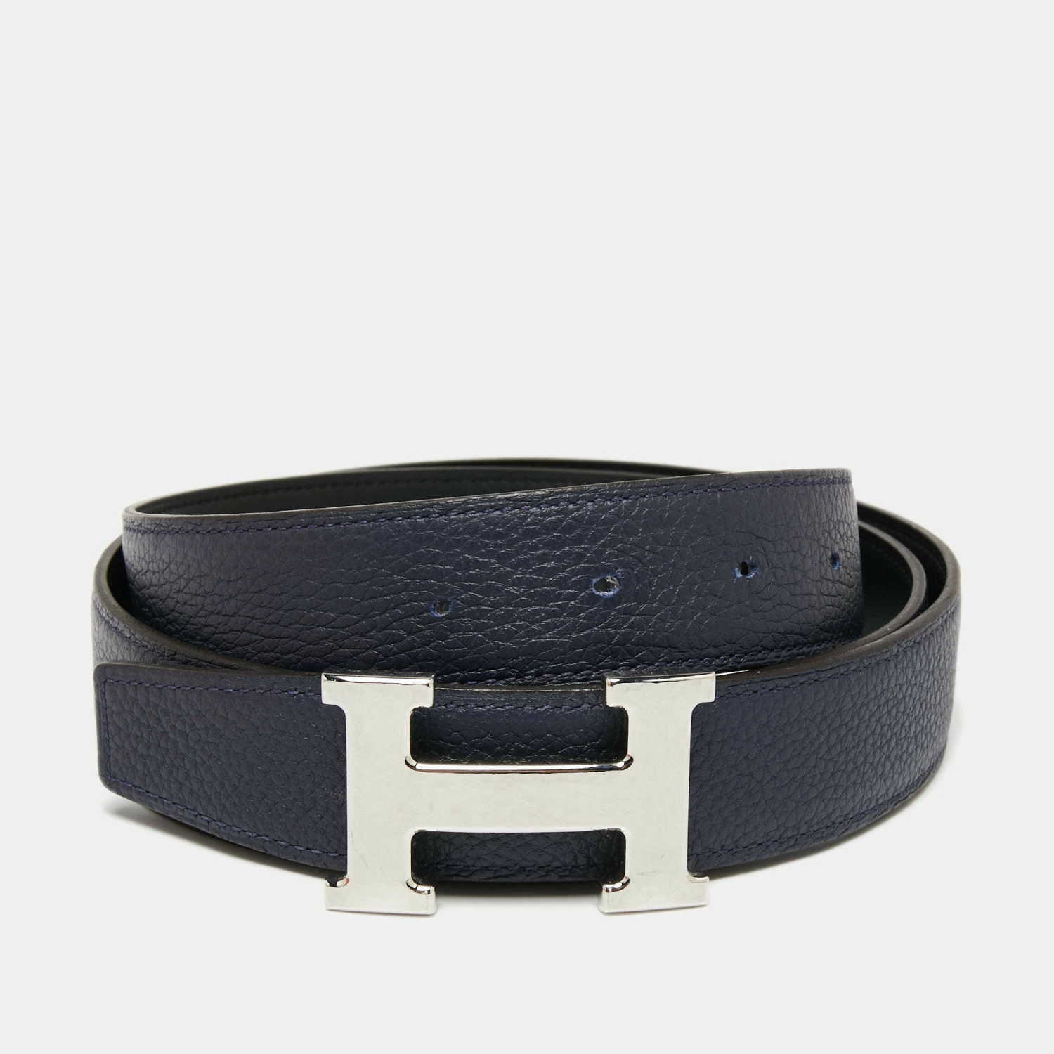Hermes Black/Bleu Nuit Chamonix And Togo Leather Hammered Finish H Buckle Reversible Belt 100CM For Men 4 Hermes Black/Bleu Nuit Chamonix And Togo Leather Hammered Finish H Buckle Reversible Belt 100CM For Men - Image 2