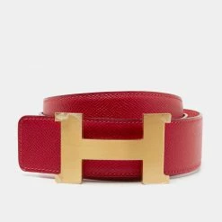 Hermes Rouge Casaque/Rose Jaipur Epsom Leather H Buckle Belt 85CM For Men