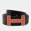Hermes Orange/Black Togo And Box Leather Quizz Reversible Belt 90CM For Men -Deals Hermes Store luxury men hermes used accessories p670157 002