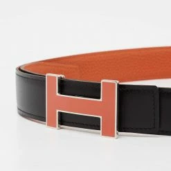 Hermes Orange/Black Togo And Box Leather Quizz Reversible Belt 90CM For Men -Deals Hermes Store luxury men hermes used accessories p670157 003