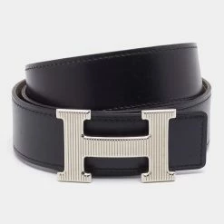 Hermes Black/Etoupe Chamonix And Togo Leather Palladium Finish Reversible H Buckle Constance Belt 90 CM For Men