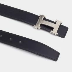 Hermes Black/Etoupe Chamonix And Togo Leather Palladium Finish Reversible H Buckle Constance Belt 90 CM For Men -Deals Hermes Store luxury men hermes used accessories p671118 002