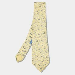 Hermes Yellow Airplane Cloud Printed Silk Tie For Men