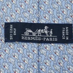 Hermes Light Blue Dolphin Printed Silk Tie For Men -Deals Hermes Store luxury men hermes used accessories p676002 003