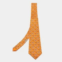Hermes Orange Animal Printed Silk Tie For Men