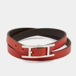 Hermes Hermès Behapi Orange Leather Palladium Plated Double Tour Reversible Bracelet M For Men