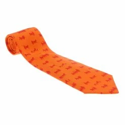 Hermes Orange Signature Horse Logo Print Tie For Men