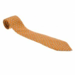 Hermes Orange Sheep And Dog Print Silk Tie For Men