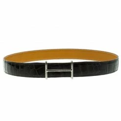Hermes Black Porosus Crocodile Palladium Idem Belt 85 CM For Men