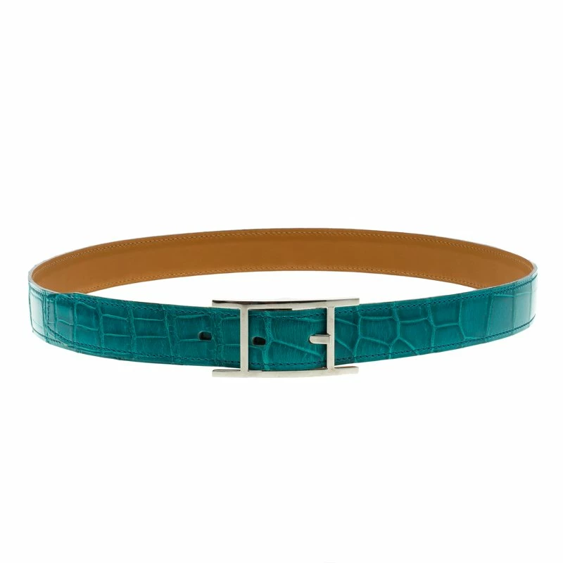 Hermes Blue Paon Porosus Crocodile Palladium Quentin Belt 85 CM For Men 3 Hermes Blue Paon Porosus Crocodile Palladium Quentin Belt 85 CM For Men