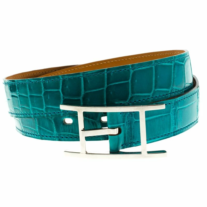 Hermes Blue Paon Porosus Crocodile Palladium Quentin Belt 85 CM For Men 4 Hermes Blue Paon Porosus Crocodile Palladium Quentin Belt 85 CM For Men - Image 2