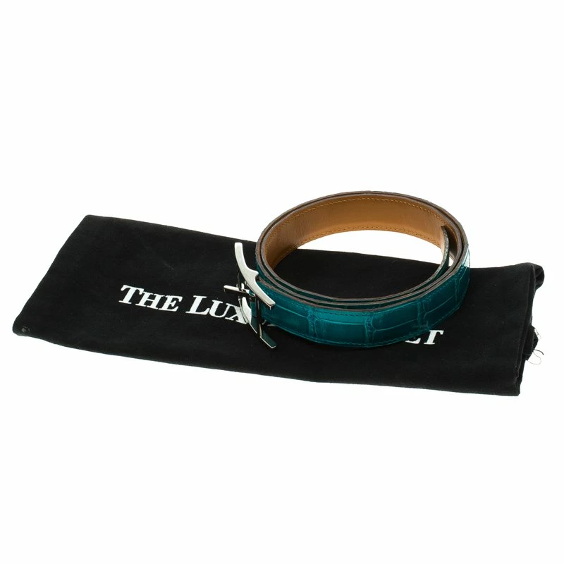 Hermes Blue Paon Porosus Crocodile Palladium Quentin Belt 85 CM For Men 8 Hermes Blue Paon Porosus Crocodile Palladium Quentin Belt 85 CM For Men - Image 6