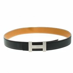 Hermes Black/Brown Box And Epsom Leather Quizz Buckle Belt 85 CM For Men