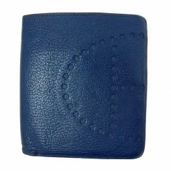Hermes Blue Leather Logo Bi-Fold Wallet For Men