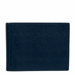 Hermes Blue Thalassa Epsom Leather Poker Compact Wallet For Men