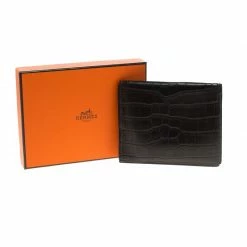 Hermes Dark Brown Alligator Bi Fold Wallet For Men -Deals Hermes Store luxury men hermes used bags p93069 009