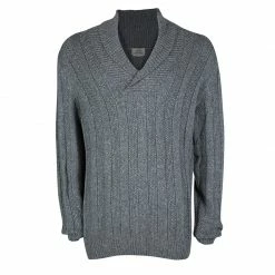 Hermes Grey Cashmere Chunky Knit Shawl Collar Detail Sweater 3XL For Men