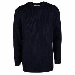 Hermes Navy Blue Chunky Knit Wool Contrast Trim Crew Neck Sweater 3XL For Men