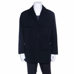 Hermes Commande Particuliere Navy Blue Wool Gabardine Button Front Coat XL For Men
