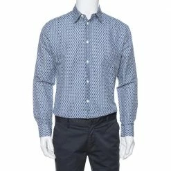 Hermes Blue Printed Linen & Cotton Long Sleeve Shirt M For Men