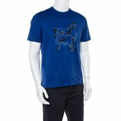 Hermes Blue Brazilian Horse Print Cotton Crew Neck T-Shirt M For Men -Deals Hermes Store luxury men hermes used clothes p365047 002
