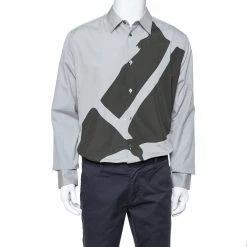 Hermes Grey Cotton Contrast Applique Detail Button Front Shirt XL For Men