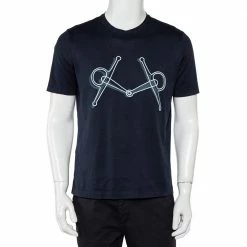 Hermes Navy Blue Mors Embroidered Cotton Crewneck Blanc T-Shirt S For Men