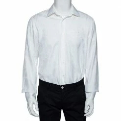 Hermes White Floral Jacquard Cotton Button Front Shirt L For Men